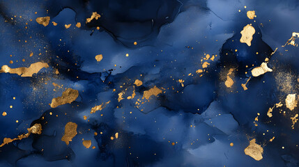 Abstract ink blots in midnight blue and gold leaf, opulent and random