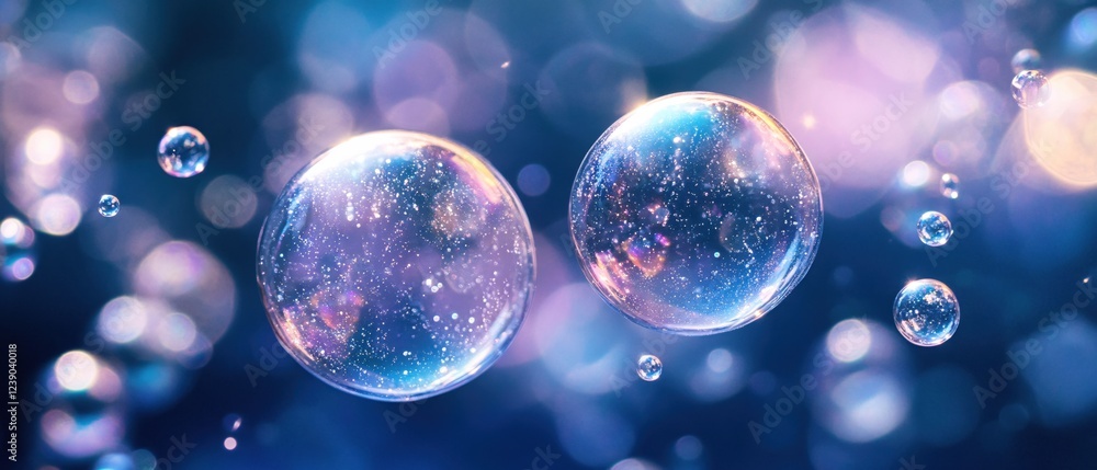 Poster floating soap bubbles with iridescent colors and bokeh effect on a dark blue background