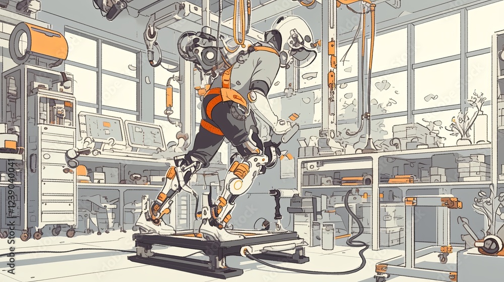 Poster futuristic workshop featuring a robotic exoskeleton in a high-tech environment