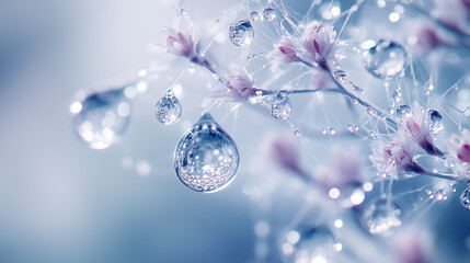 delicate cherry blossoms with dewdrops and intricate webbing, dreamy macro photography