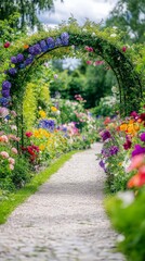 Obraz premium Beautiful Garden Pathway Surrounded by Vibrant Flowers and Foliage