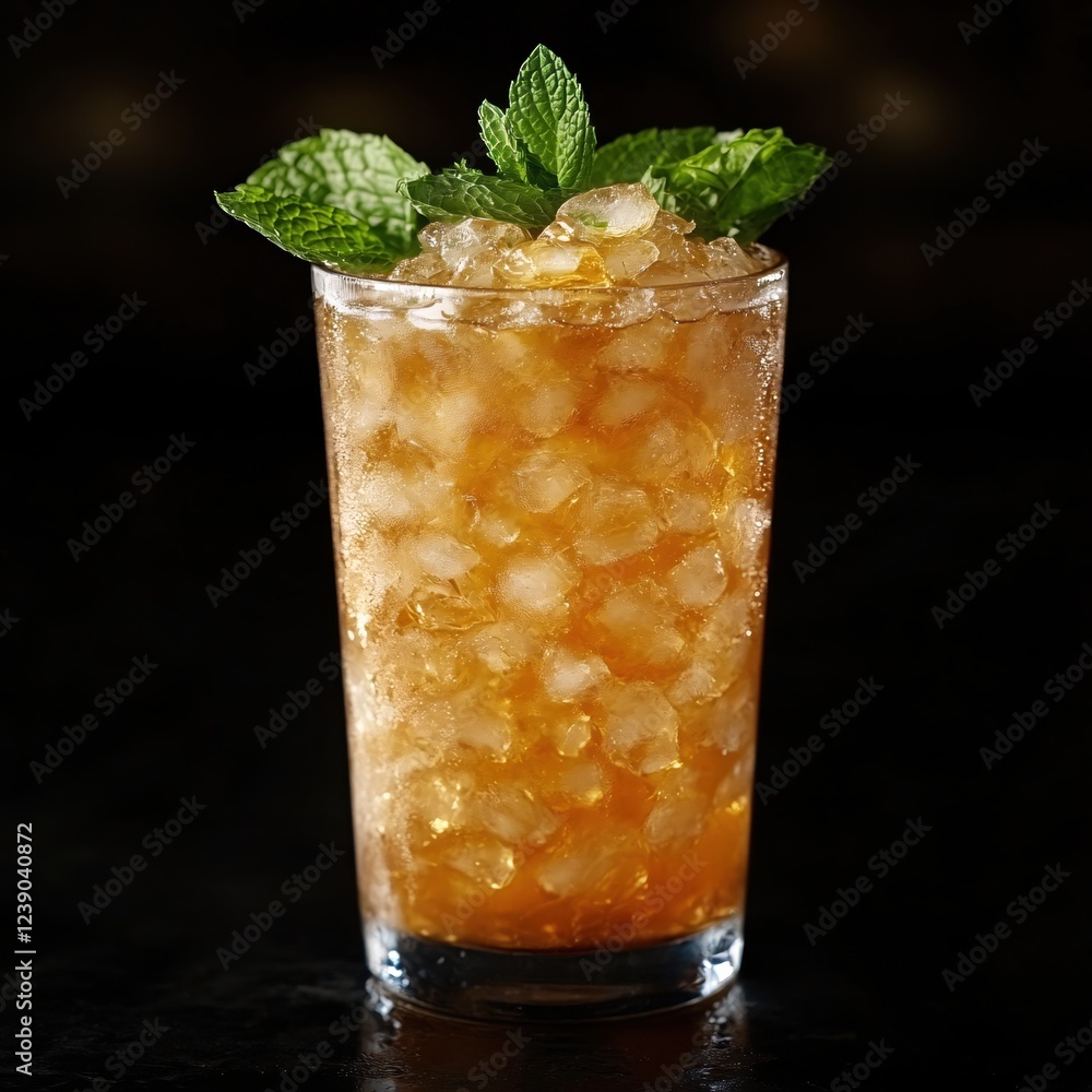 Poster refreshing iced drink with mint garnish on dark surface creating a moody and elegant scene