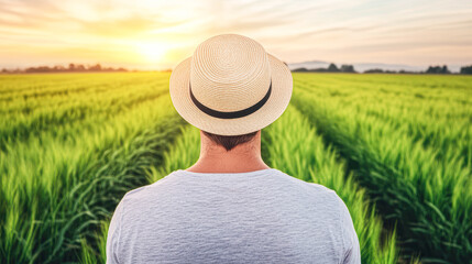 Farmer observing sunset over rice field rural landscape nature peaceful view