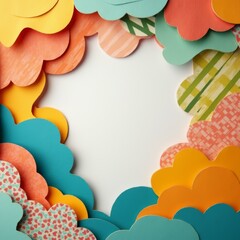 Background in the form of a colored paper collage with a three-dimensional effect: cut-out shapes, layers with light shadows, paper and cardboard textures that create depth. 