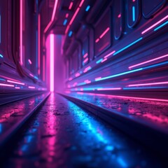 Bright neon abstract background in a cyberpunk style, with smooth lines, geometric shapes and contrasting colors (purple, blue, pink), light reflections, a depth effect that gives a sense of technolo