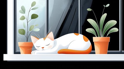 Cute Cat Sleeping on Window Sill Surrounded by Indoor Plants in a Cozy Home Setting