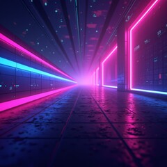 Bright neon abstract background in a cyberpunk style, with smooth lines, geometric shapes and contrasting colors (purple, blue, pink), light reflections, a depth effect that gives a sense of technolo