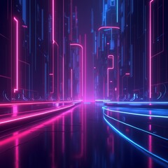  Bright neon abstract background in a cyberpunk style, with smooth lines, geometric shapes and contrasting colors (purple, blue, pink), light reflections, a depth effect that gives a sense of technolo