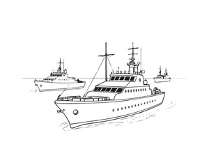 Black and white line art illustration of ships under strong hard light, featuring clear lines and minimal detail, easy to color. Illustration Vector