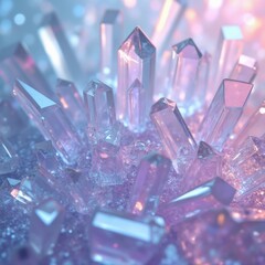Background that resembles abstract crystal structures with transparent edges, shine and a three-dimensional effect. Use iridescent colors: purple, turquoise, silver. A feeling of futuristic purity.