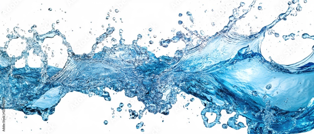 Poster dynamic water splash with droplets and motion on white background creating a refreshing effect