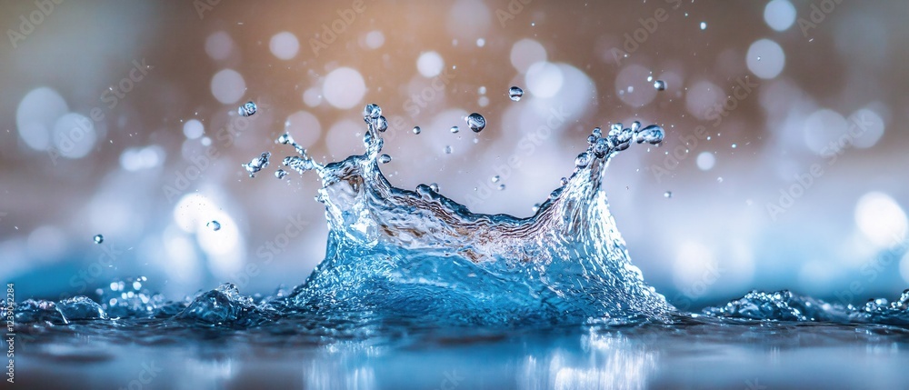 Poster water splash crown detail with bokeh background in macro shot showing liquid motion and impact