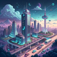 Surrealistic background with bizarre landscapes: floating islands in the sky, huge abstract sculptures, bright fairy-tale sky with two suns and unknown plants. Soft colors with unexpected contrasts.