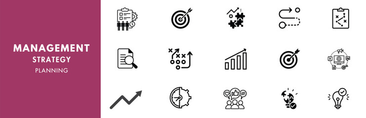 MANAGEMENT, STRATEGY, and PLANNING Outline Icon Collection. Thin Line Set contains such Icons as Vision, Mission, Values, Human Resources, Experience, and more. Simple web icons set.