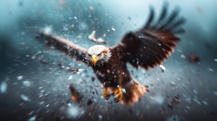 Obraz premium An eagle emerges from a chaotic storm, its striking features and powerful wings symbolizing resilience and bravery against the backdrop of dark clouds and debris.