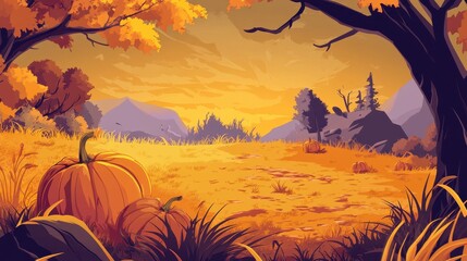 Autumnal Field with Pumpkins and Trees