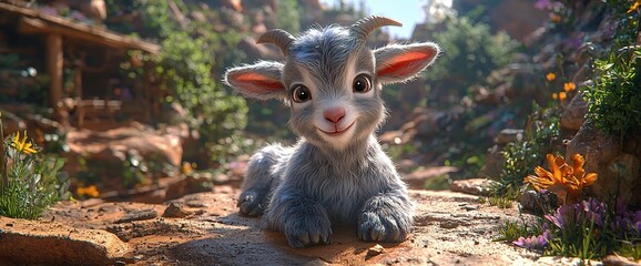 Cute baby goat in mountain village, sunny day
