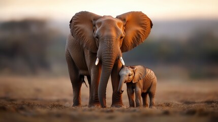 A stunning image showing a large elephant standing protectively over its young calf, capturing the bond of motherhood and the beauty of wildlife in natural surroundings.