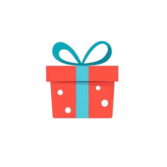 Red gift box icon with blue ribbon and polka dots design