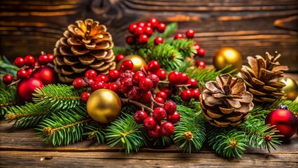 Macro Christmas Arrangement: Pine Branches, Red Berries, Pinecones & Gold Ornaments on Dark Wood - Festive Holiday Card