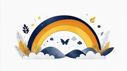 Naklejka premium Vibrant Rainbow Over Hills with Clouds and Butterflies in a Minimalist Art Style