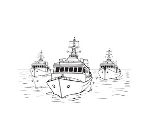 Fototapeta premium Black and white line art illustration of ships under strong hard light, featuring clear lines and minimal detail, easy to color. 