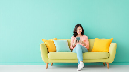 Young woman relaxing with smartphone on colorful sofa in modern living room