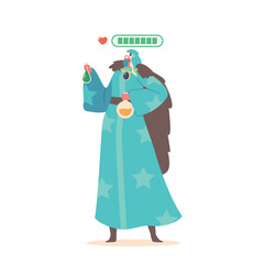 Obraz premium Wizard In Virtual Reality Glasses Holding Potion Flasks During Mmorpg. Fantasy Massively Multiplayer Role-playing Game