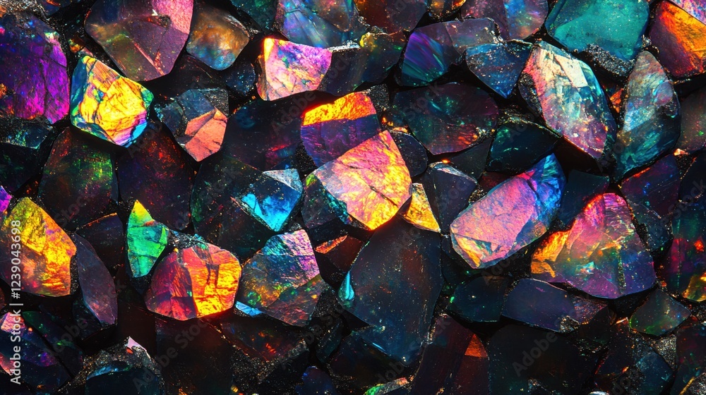 Poster iridescent gemstone fragments displaying a spectrum of colors and light on dark background