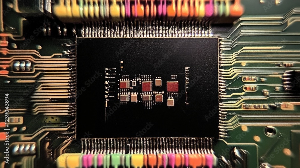 Poster detailed closeup of a colorful circuit board with microchip components