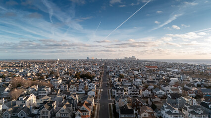 Aerial drone view of Margate City looking at Atlantic City in the distance.