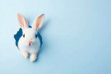 Obraz premium Adorable bunny peeking through a blue paper hole on a soft background.