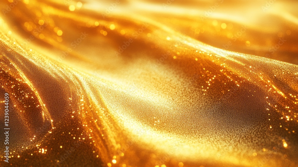 Poster a shimmering golden fabric gracefully flows across the surface, illuminated by soft light that enhan