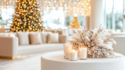 Elegant holiday decor with lit candles and a sparkling Christmas tree