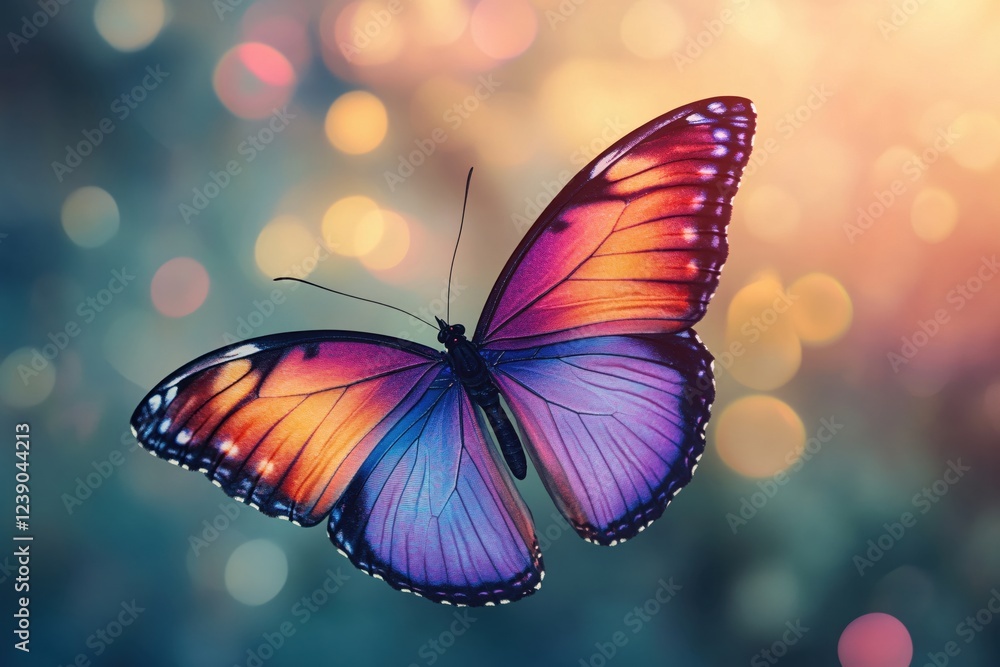 Poster colorful butterfly with bright gradient wings on a blurred bokeh background in soft light
