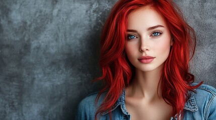 Naklejka premium Portrait of a woman with vibrant red hair and blue eyes against a textured gray background