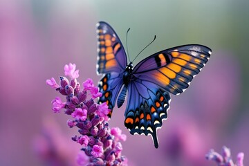 Fototapeta premium Butterfly with orange and blue wings perched on a lavender flower in soft focus light