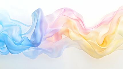 Flowing, multicolored 3D strokes in sky blue, pale yellow, and soft pink create a dreamy, ethereal rainbow on a white backdrop