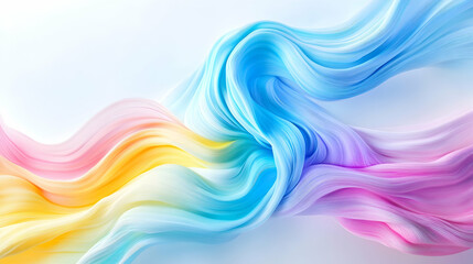 Fototapeta premium Flowing, multicolored 3D strokes in sky blue, pale yellow, and soft pink create a dreamy, ethereal rainbow on a white backdrop