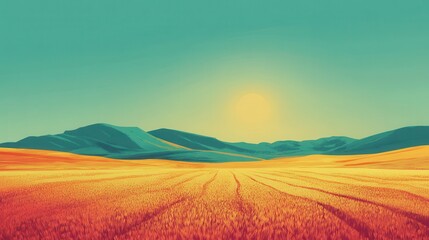 Golden Wheat Field Underneath Teal Mountains And Sun