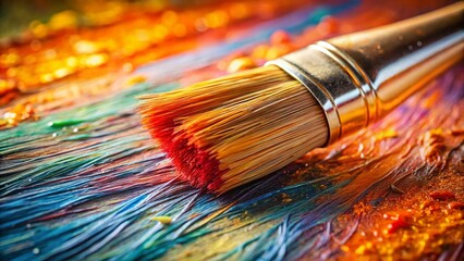 Obraz premium Macro Close-up of Paintbrush Bristles on Textured Canvas; Artistic Paint Strokes