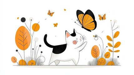 Playful Cat Chasing Colorful Butterfly in a Whimsical Nature Scene with Orange and Yellow Accents