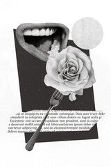 Collage photo creative artwork poster advertisement fresh pink roses sale valentine day mouth eat...