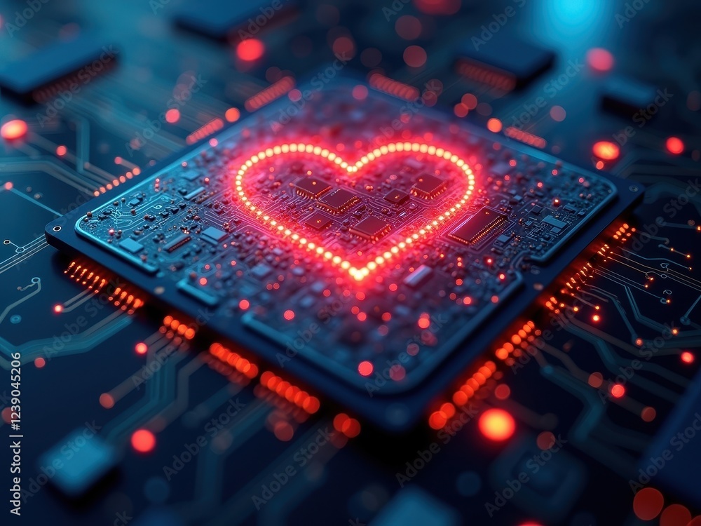 Poster emotional interaction between ai and humans represented through vibrant heart symbol on a microchip