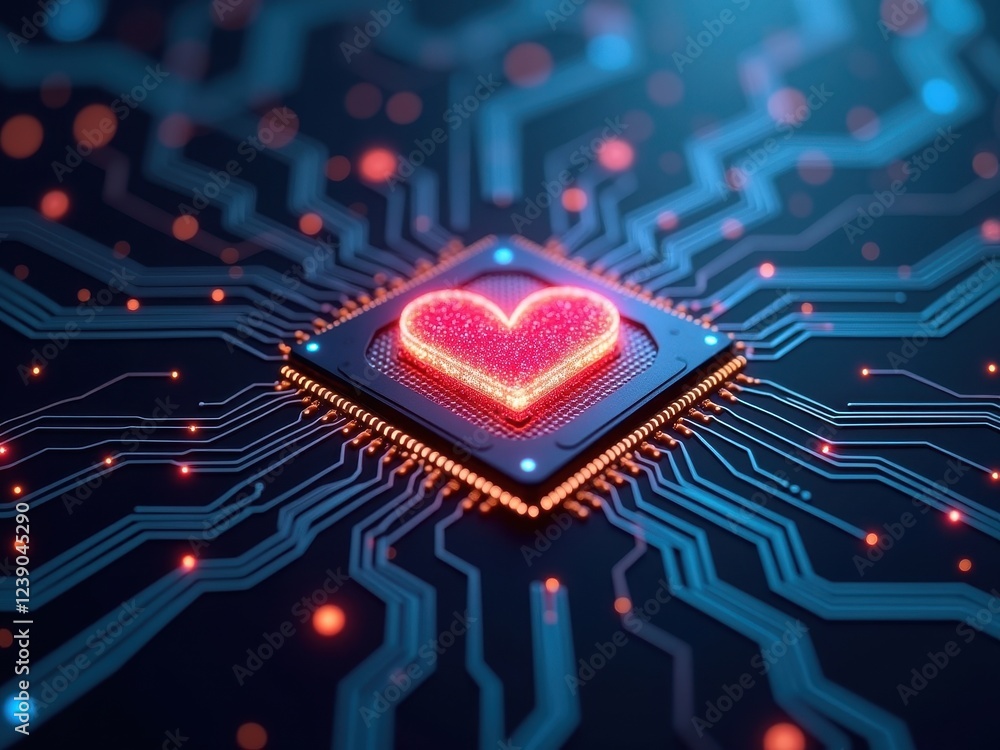 Aufkleber exploring the emotional connection between ai and humans through digital circuits and heart symbols