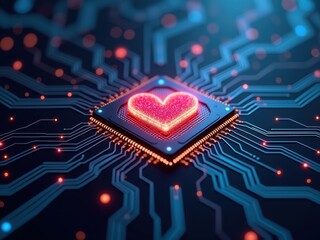Exploring the emotional connection between AI and humans through digital circuits and heart symbols