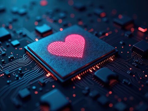 Emotional interaction between AI and humans represented through a glowing heart on a circuit board