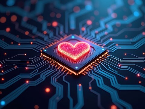 Exploring the emotional connection between AI and humans through digital circuits and heart symbols
