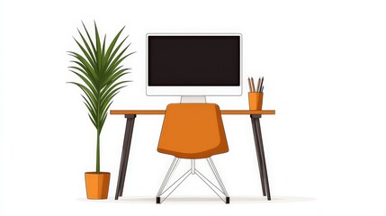 Fototapeta premium Modern Office Desk Setup with Computer, Chair, Plant, and Stationery on White Background