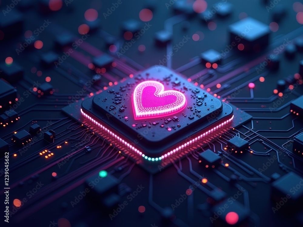 Poster emotional interaction between ai and humans represented by a glowing heart on a microchip
